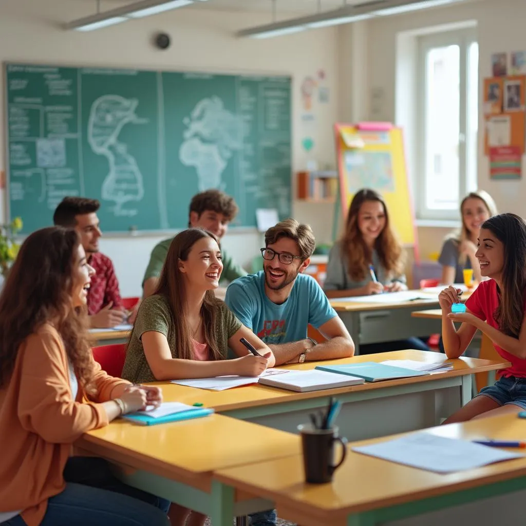 Aula moderna y luminosa con estudiantes participando