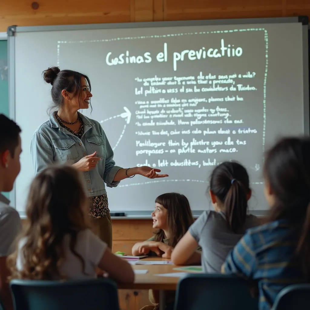 Profesor explicando con entusiasmo en una pizarra