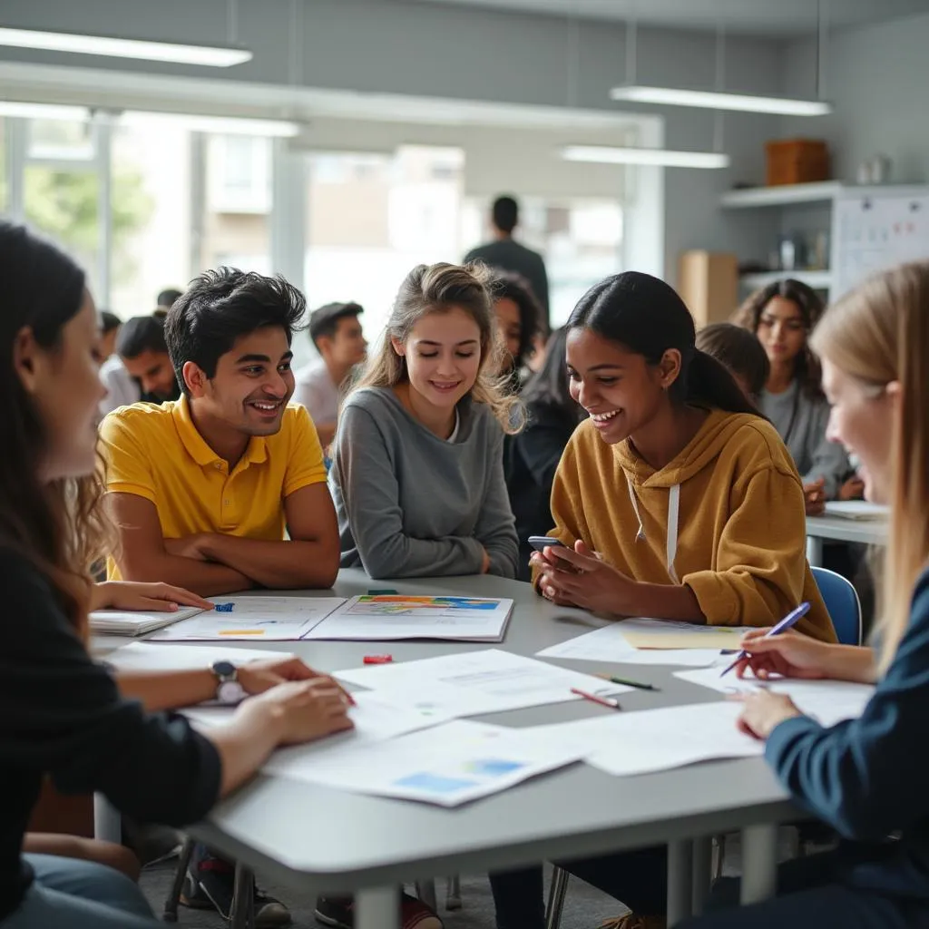 Estudiantes colaborando en una clase de español moderna